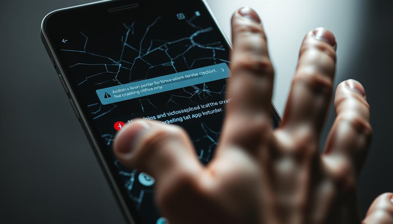 A person holding an Android phone with a cracked screen showing an error message saying the app keeps stopping.”