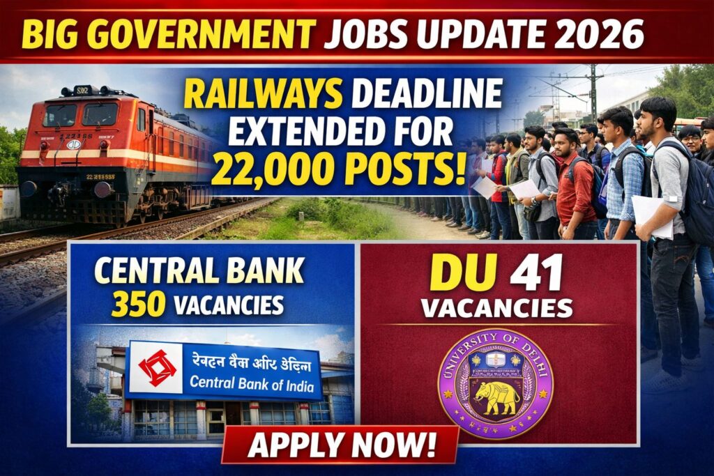 Big Government Jobs Update 2026: Railways Deadline Extended for 22,000 Posts | Central Bank 350 & DU 41 Vacancies